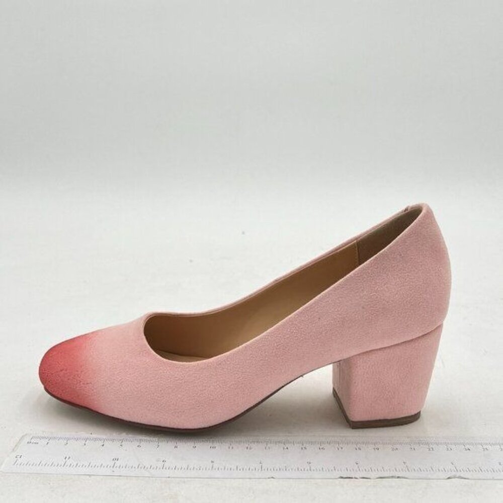 FOWT Pink Suede Chunky Low Heel Closed Round Toe Slip On Formal Office Pumps